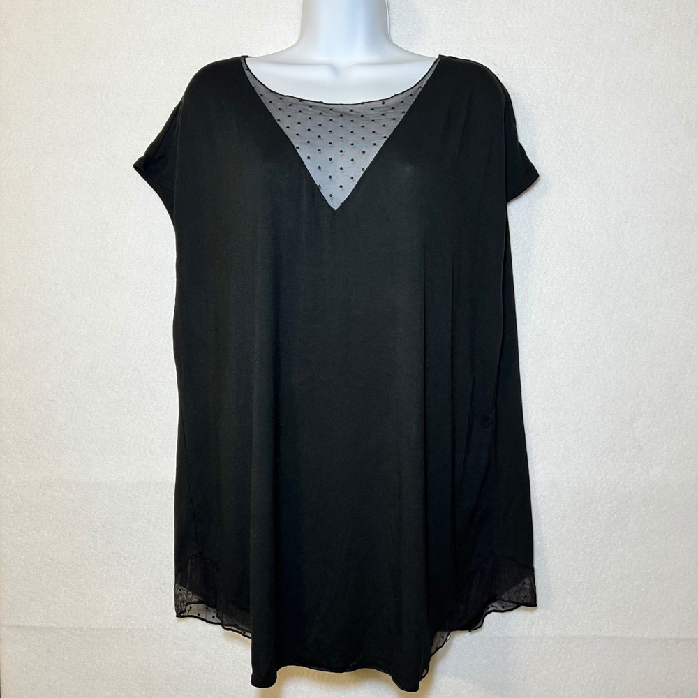 Victorias Secret Black V-Neck Swiss Polka Dot Mesh Gothic Moody Coquette Top L